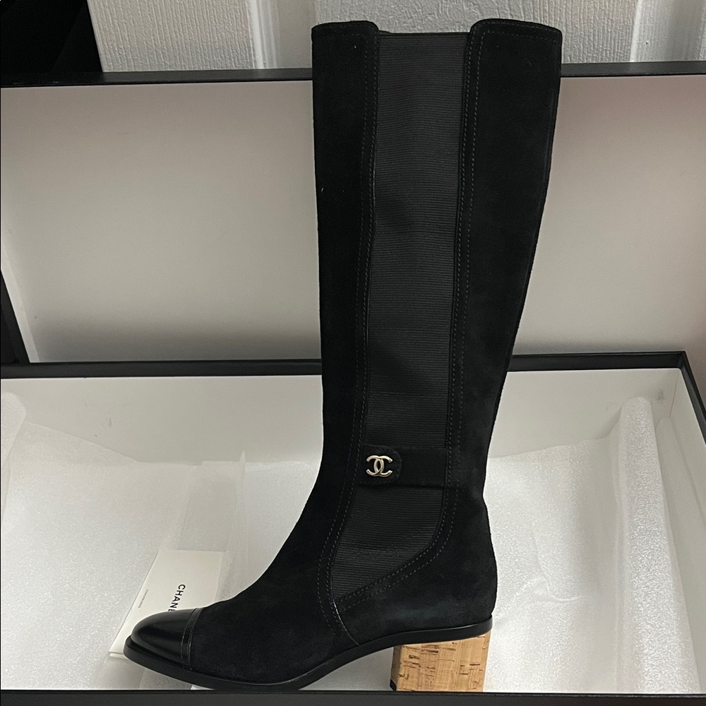 CHANEL Black Suede & Leather high boot with Block Heel